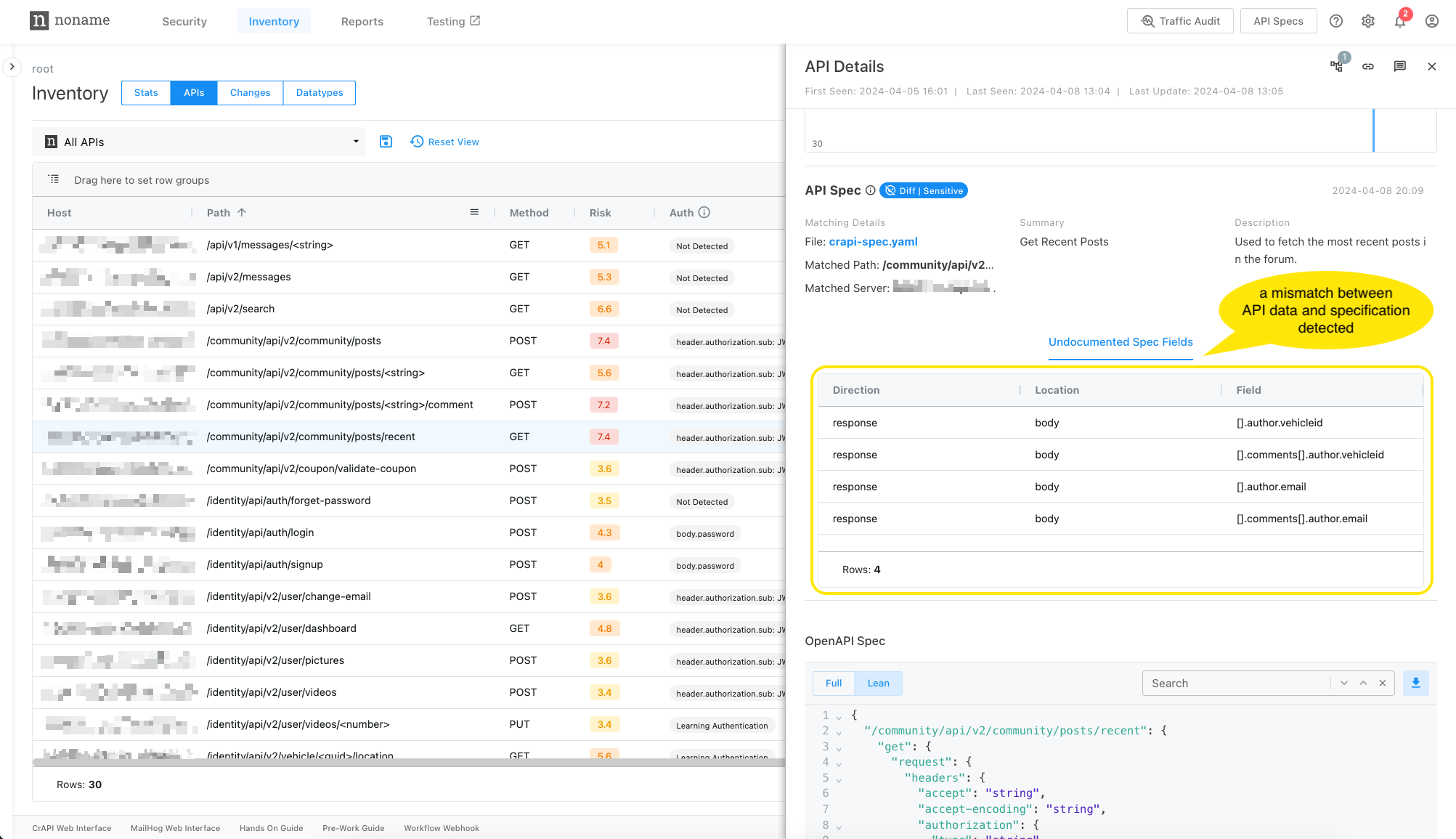 Screenshot of Noname platform showing differences between recent API spec and observed traffic